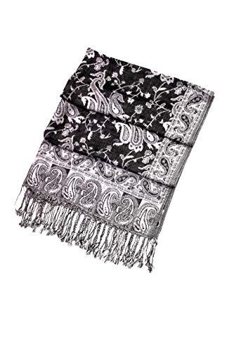 Black and white paisley jacquard pashmina shawl with fringed border, folded view.