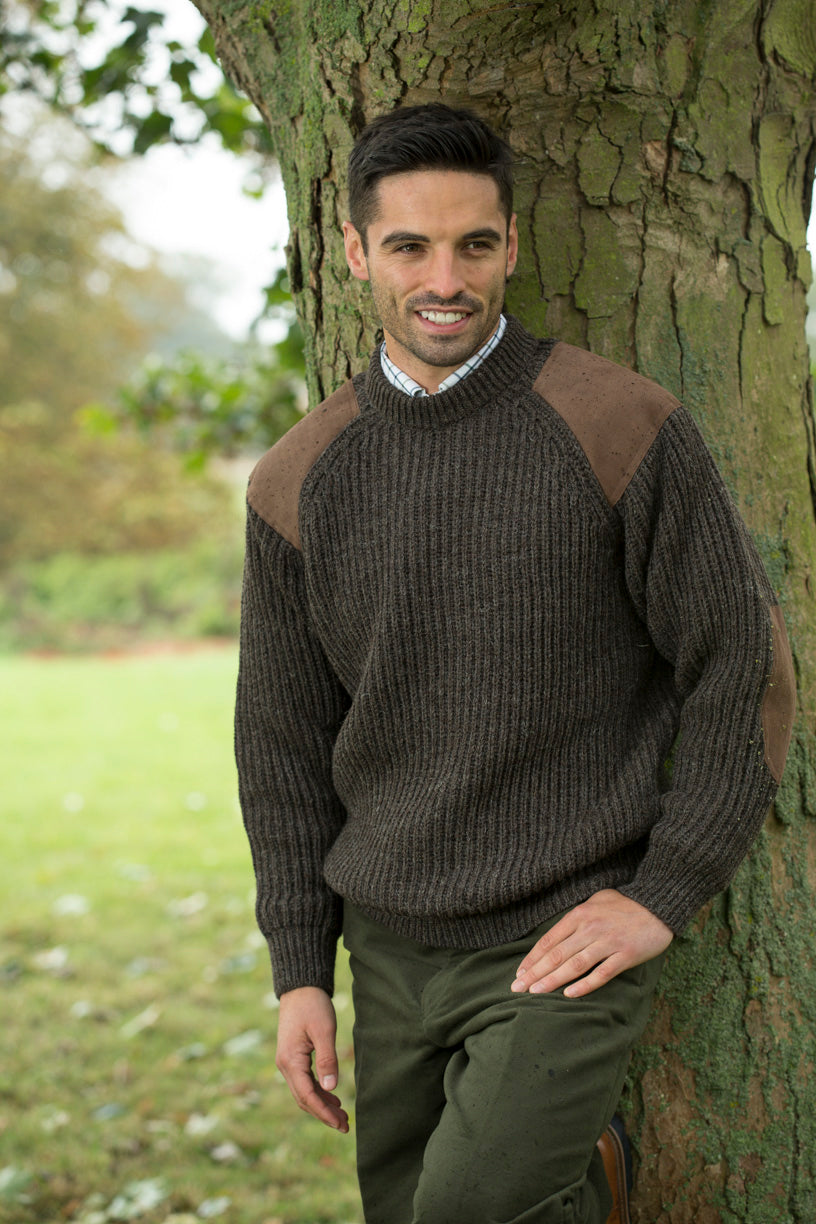 Men's dark grey knit outdoor sweater with ribbed crew neck and cuffs