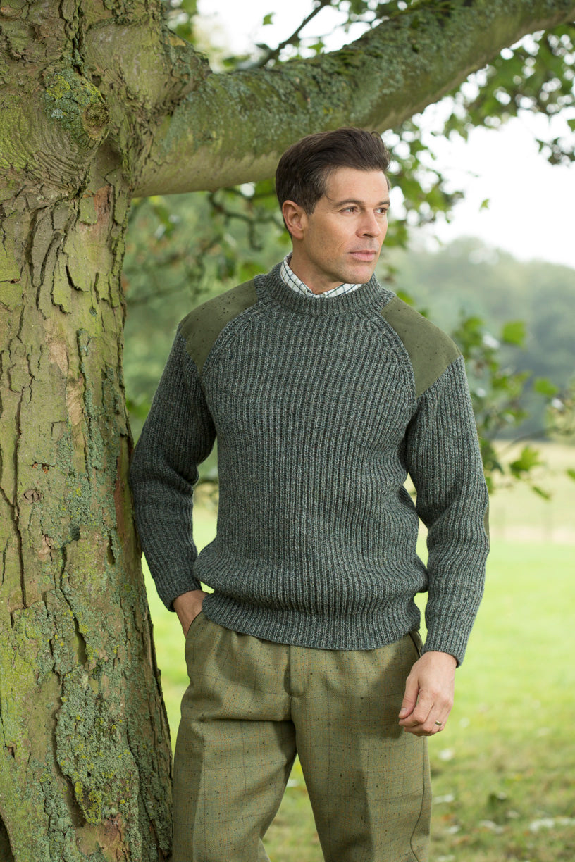 Men's green-gray knit outdoor sweater with ribbed crew neck and cuffs