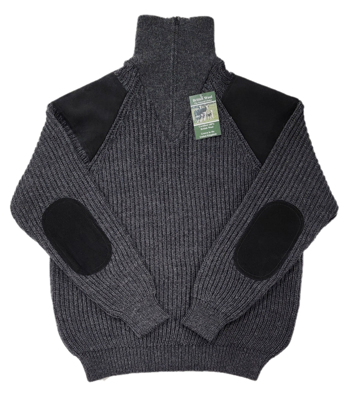 Dark grey quarter-zip knit sweater with black elbow patches and ribbed collar.
