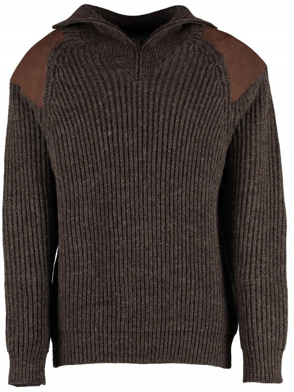 Charcoal quarter-zip knit sweater with brown elbow and shoulder panels, ribbed cuffs.
