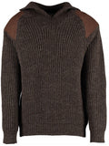 Charcoal quarter-zip knit sweater with brown elbow and shoulder panels, ribbed cuffs.