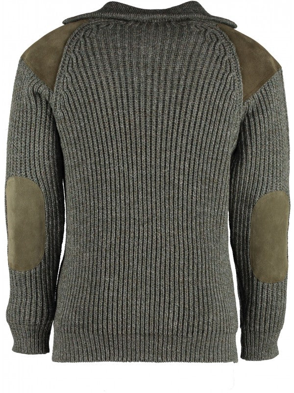 Olive quarter-zip knit sweater with brown elbow patches and ribbed back yoke.