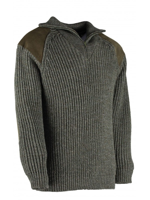 Olive quarter-zip knit sweater with brown shoulder panels and ribbed side seams.