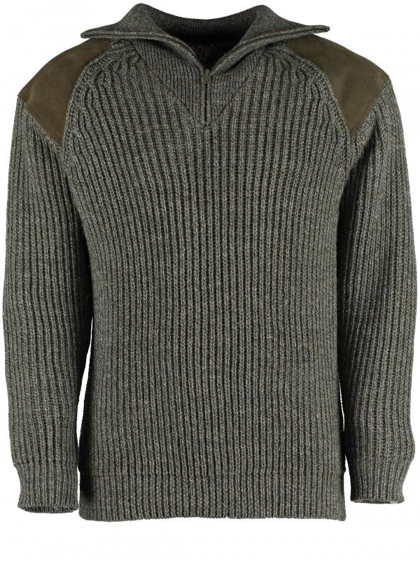 Olive quarter-zip knit sweater with brown shoulder and elbow panels, ribbed cuffs.