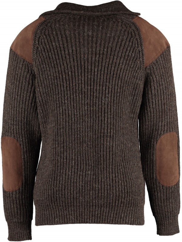 Charcoal quarter-zip knit sweater with brown elbow patches and ribbed back yoke.
