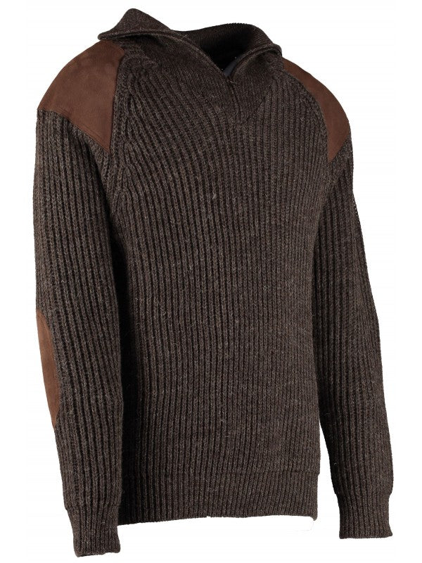 Charcoal quarter-zip knit sweater with brown side shoulder panels and ribbed hem.