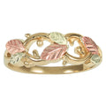 Gold-tone leaf motif ladies ring with pink and green enamel leaves and polished band
