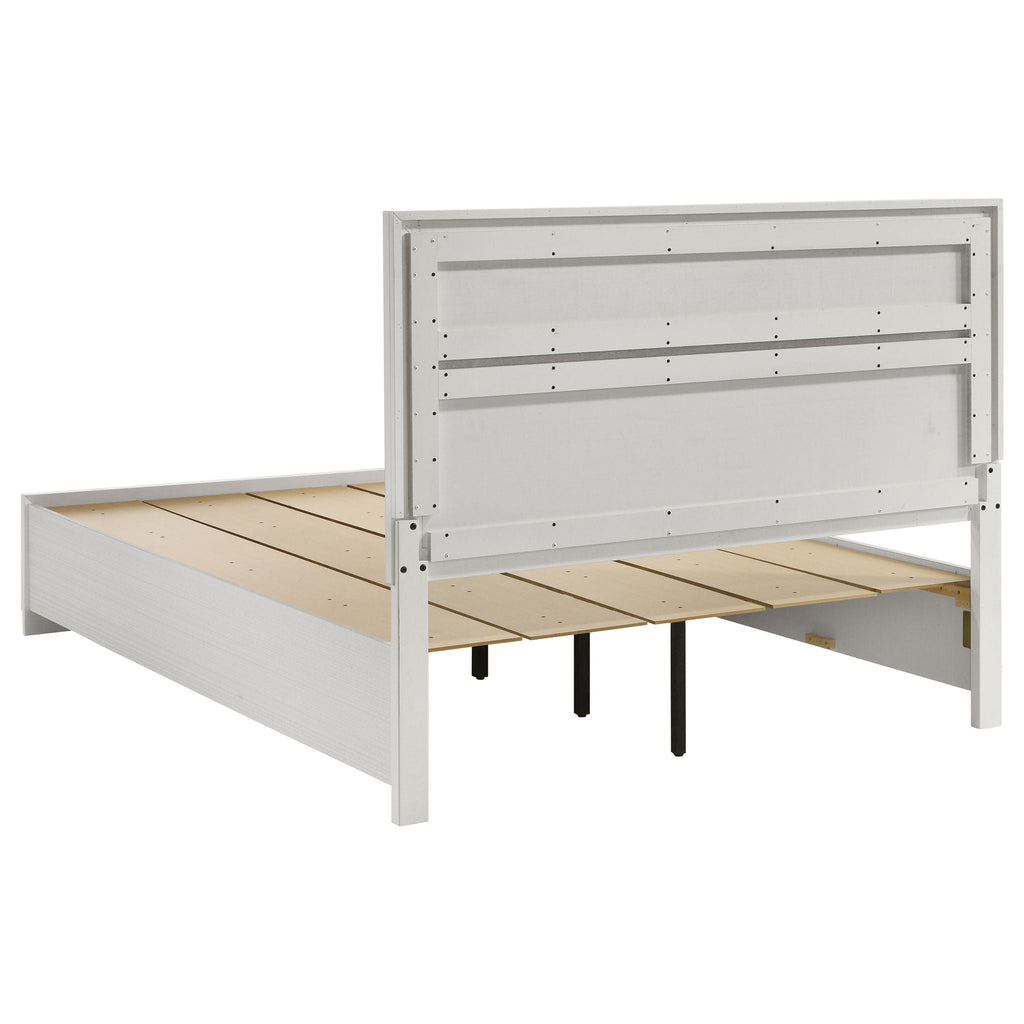 White queen bed frame with slat support and center support bars