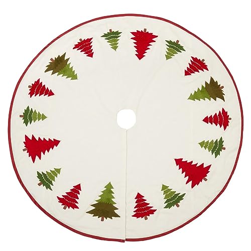 Round cotton tree skirt, white with red edge, multicolored embroidered tree shapes