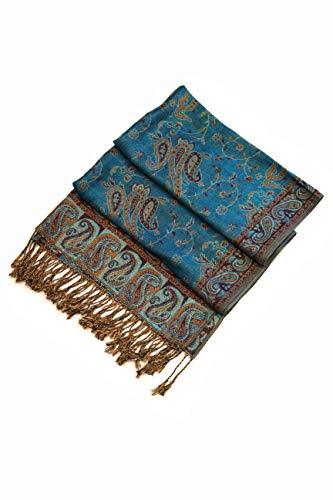 Teal paisley pashmina shawl with fringed border, folded for display
