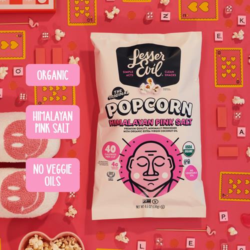 Himalayan pink salt popcorn snack bag, front label with organic and 40-calorie badge