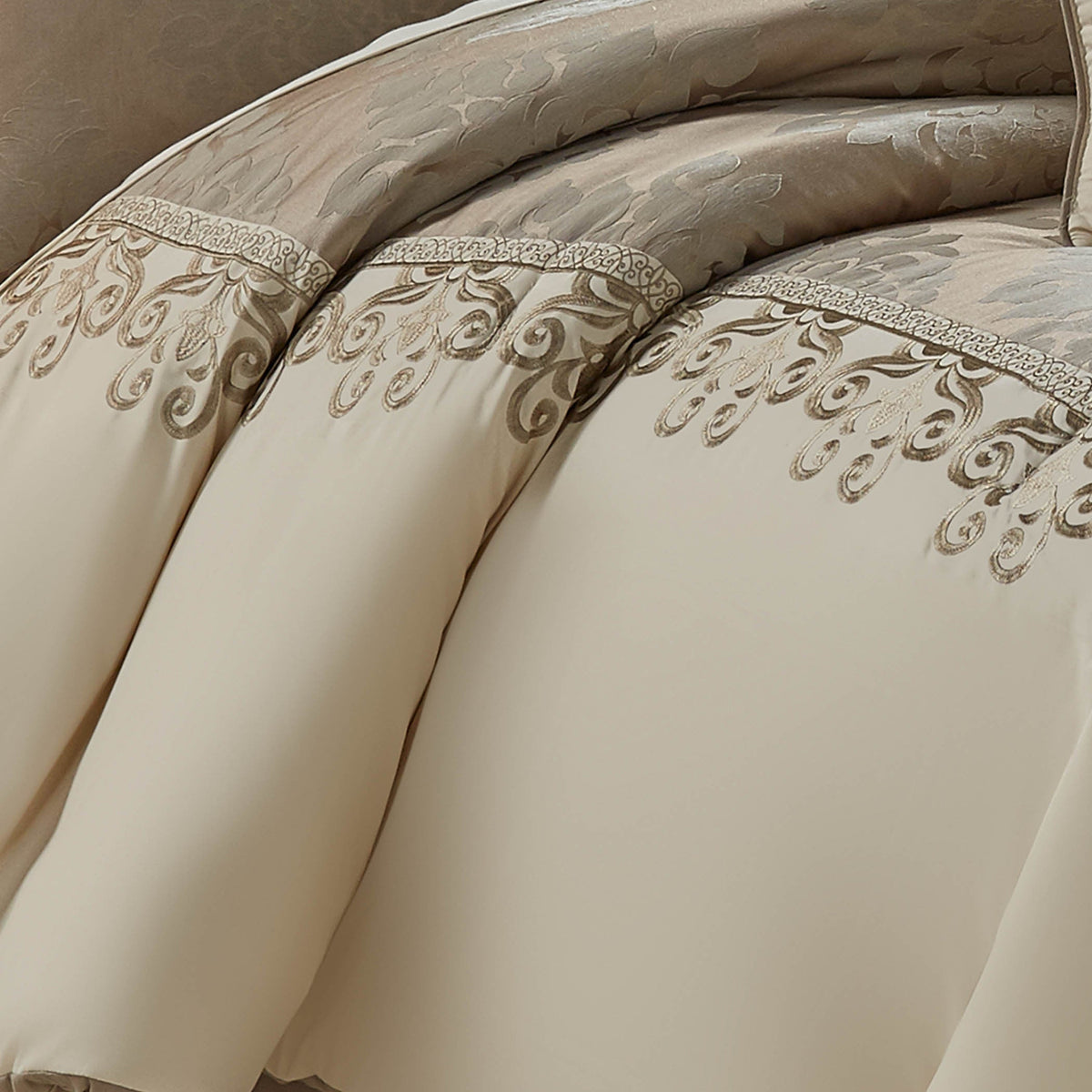 Ivory comforter with gold embroidered scroll border and smooth coordinating pillow