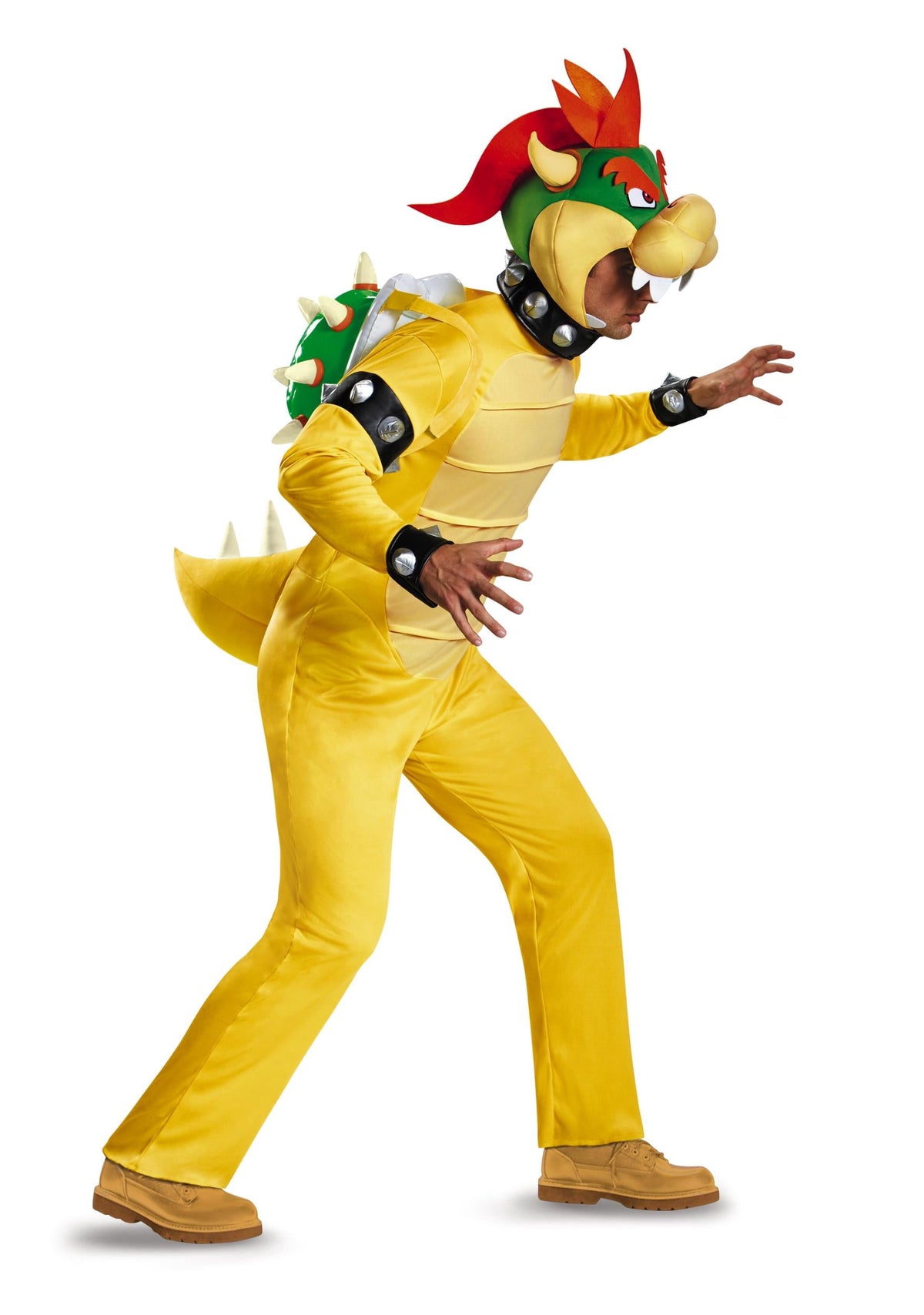Yellow Bowser-style jumpsuit costume with green spiked shell headpiece and orange cuffs