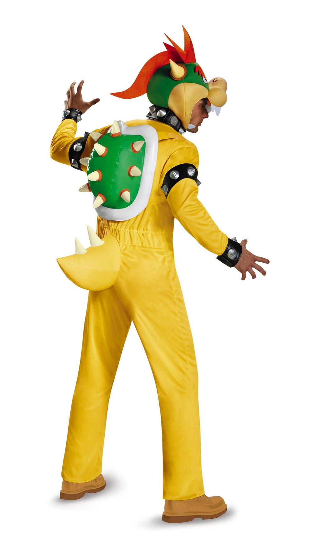 Yellow Bowser-style jumpsuit with green spiked shell hood and white belly plate, adult