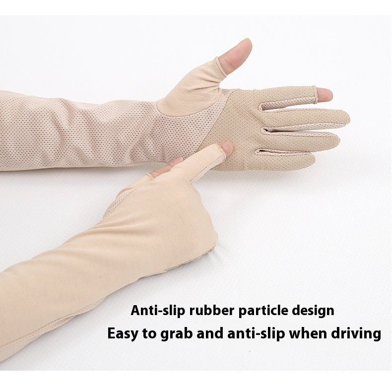 Women’s thin cotton sun protection gloves, beige anti-slip rubber particle grip