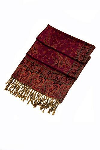 Burgundy paisley jacquard pashmina shawl with gold-toned accents and fringes, folded.