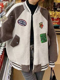 Khaki and white fleece zip-up jacket with raglan sleeves and varsity stripe trim