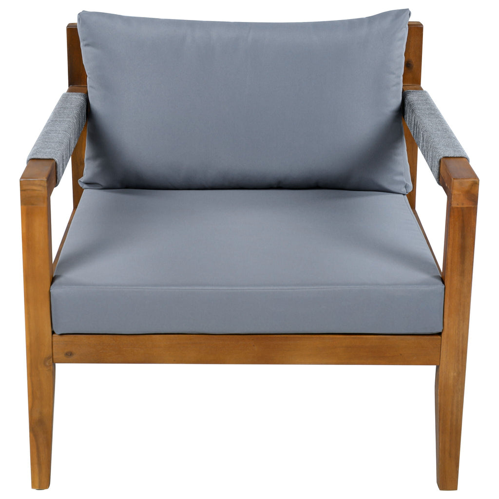 Outdoor chair with blue-gray cushions and acacia wood arms, padded backrest