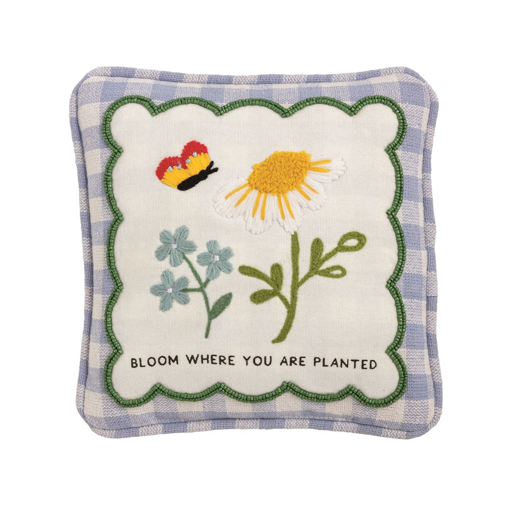 Embroidered mini accent pillow with bird and sunflower art, green scalloped edge, “Bloom Where You Are Planted”