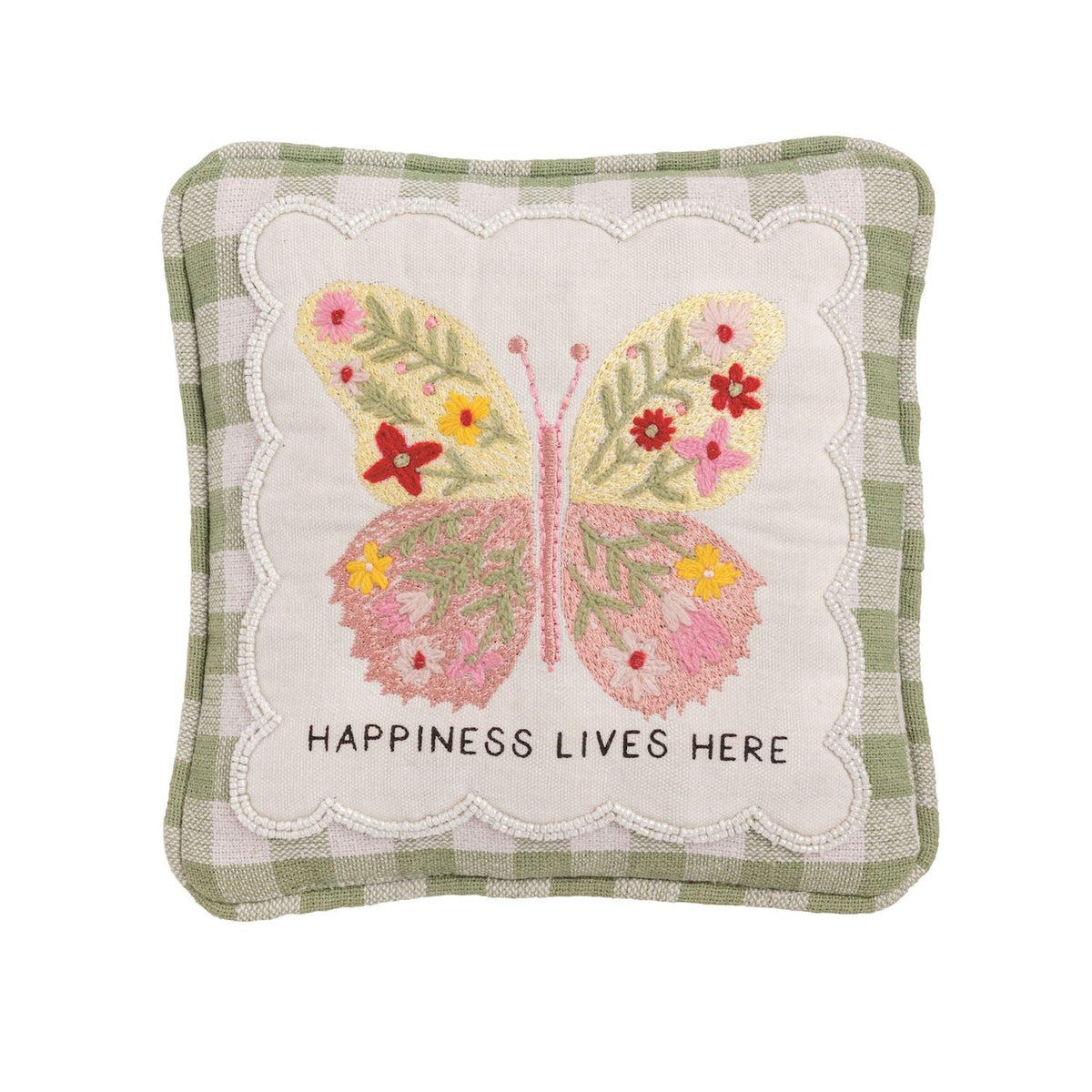Embroidered mini accent pillow with butterfly floral art, green check border, “Happiness Lives Here”