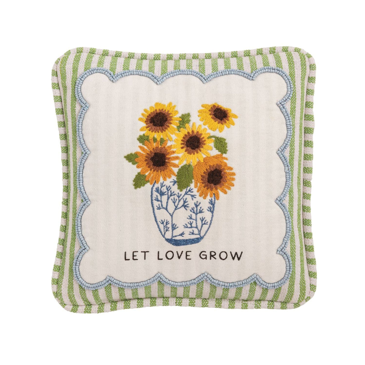 Embroidered mini accent pillow with sunflower bouquet, blue scalloped edge, “Let Love Grow”