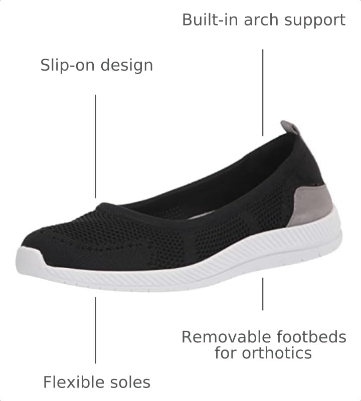 Women's slip-on sneaker with black knit-like upper, flexible sole, and arch support