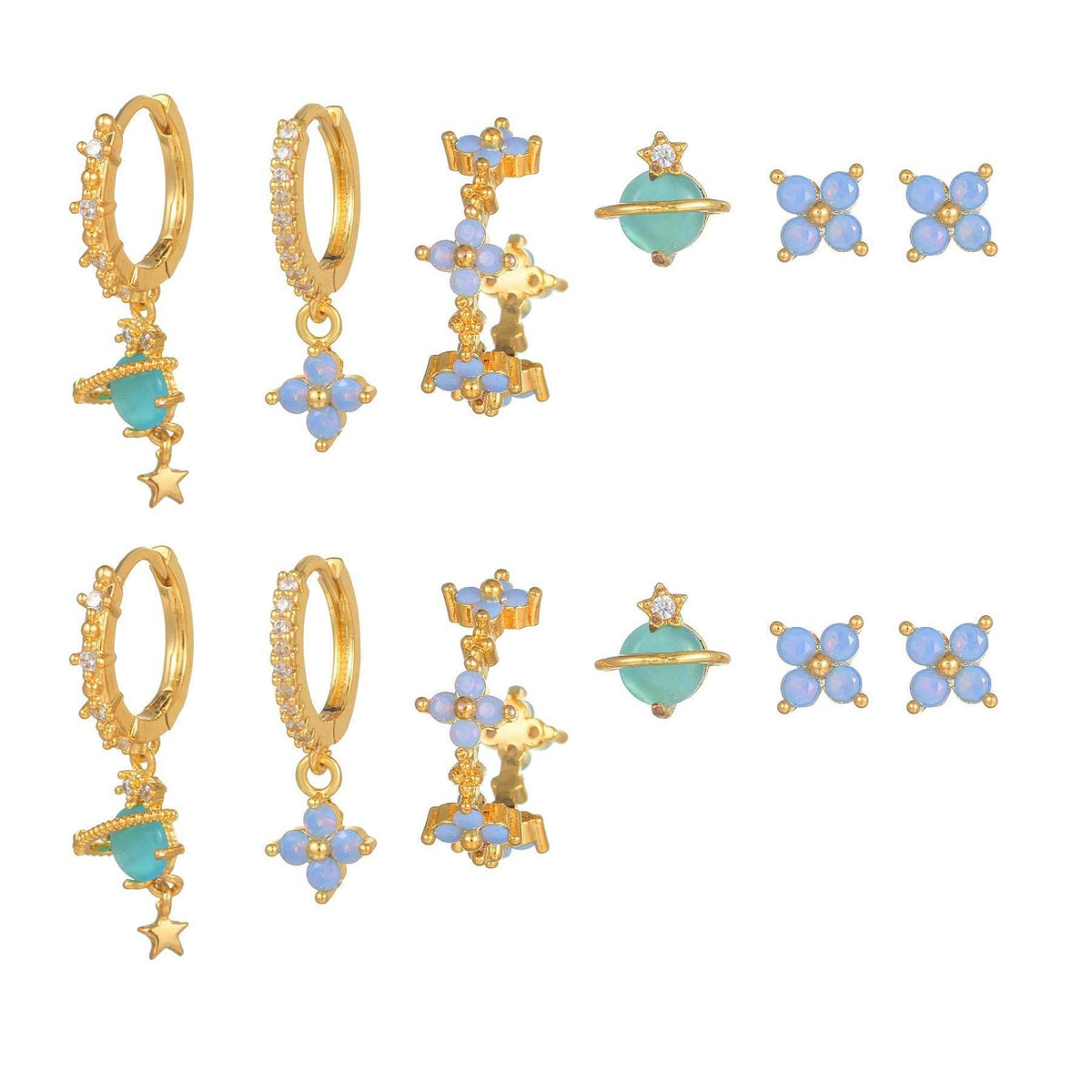 6-piece gold-tone stacking earring set with blue flower studs, drops, stars, hoops