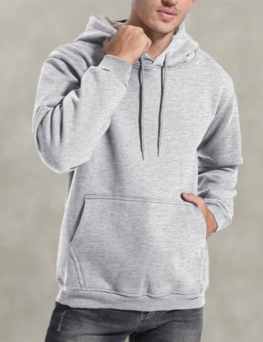 Men's fleece sherpa-lined hoodie, pullover hood with drawstrings, kangaroo pocket, heather gray.