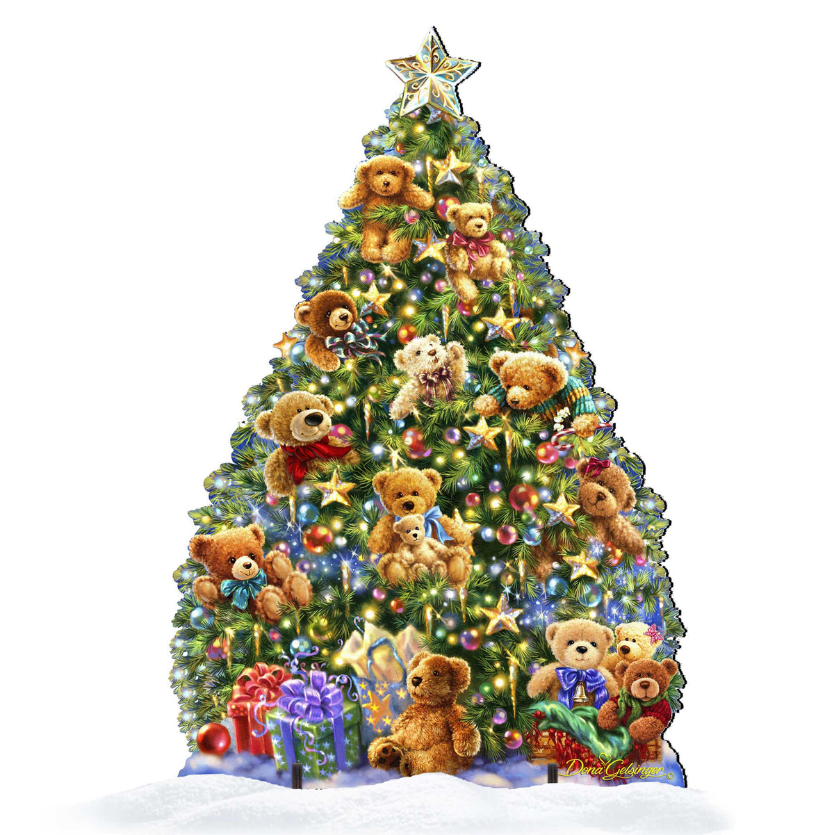 Teddy bear Christmas tree yard sign featuring twinkling light-style decor, gifts, and bear figures