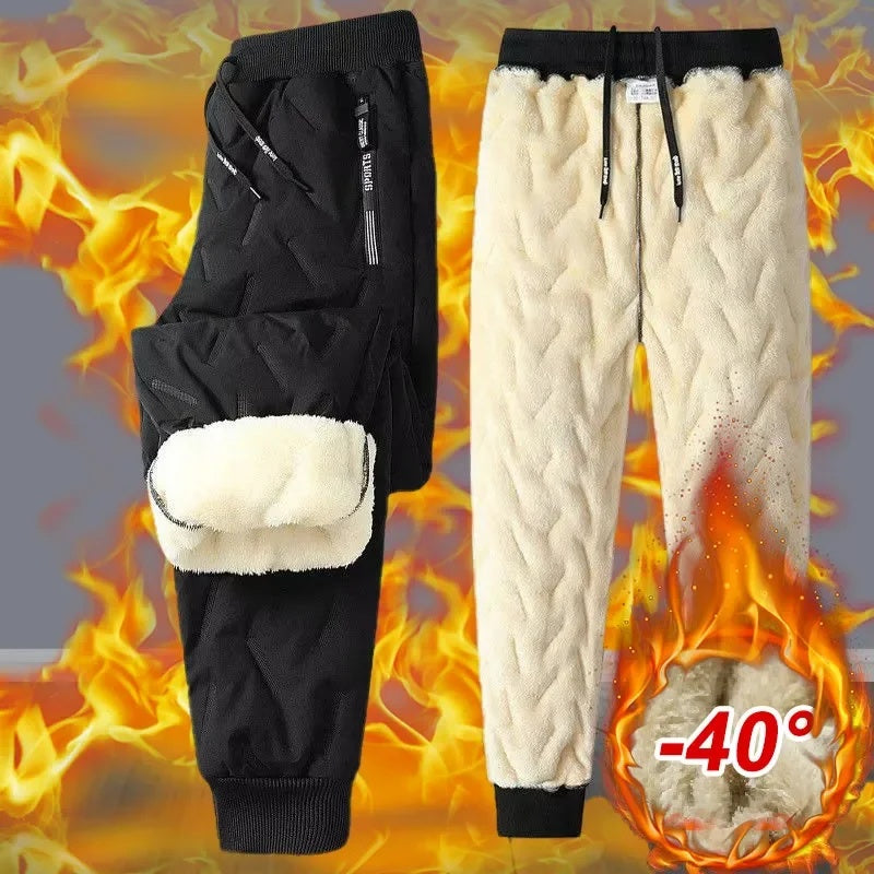 Men's black fleece sweatpants with sherpa cuffs and drawstring waist