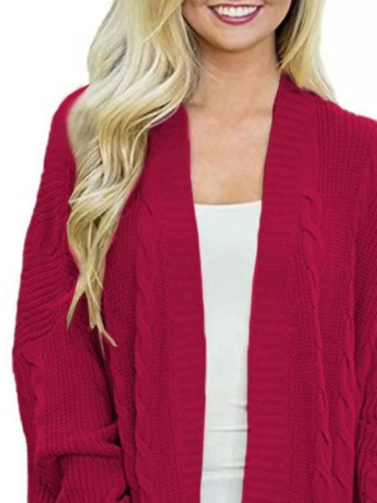 Plus-size chunky knit open-front cardigan, wine red with deep open front and textured knit.