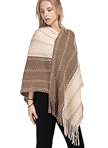 Khaki two-tone knitted poncho wrap with fringe trim and diagonal stripe pattern