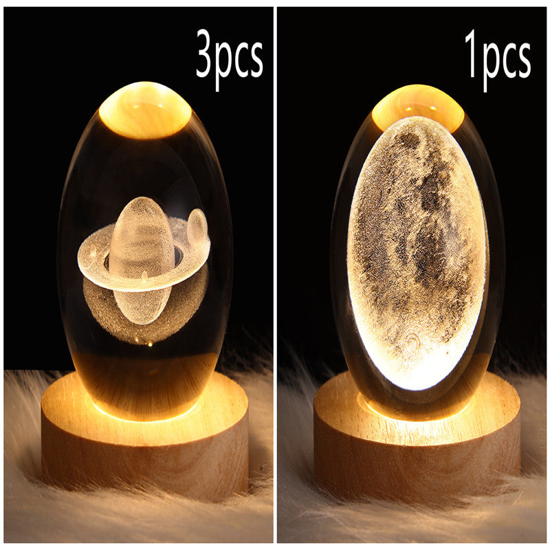 LED galaxy crystal ball table lamp set showing Saturn-like rings and mottled planet glow