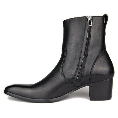 Black leather ankle boots with side zipper, mid-height block heel