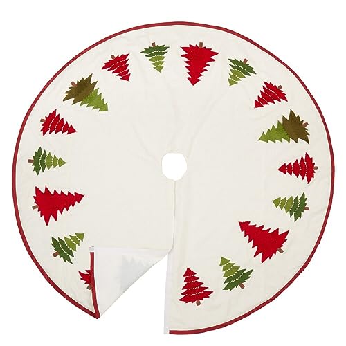 Round tree skirt with red trim, white fabric, multicolored embroidered trees; corner folded