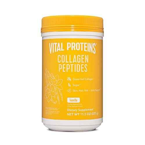 Vanilla collagen peptides supplement canister with yellow lid, Vital Proteins