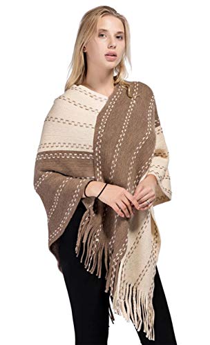 Two-tone knitted poncho with asymmetrical fringe, khaki and dark brown stripes