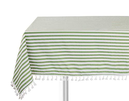 Green striped cotton-blend tablecloth with white tassel trim along bottom, 55x55 in