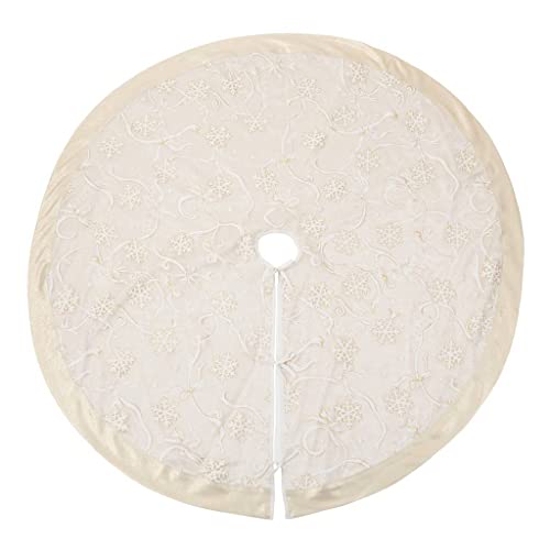 52 in round Christmas tree skirt in cream with white snowflake and ribbon pattern, center opening.