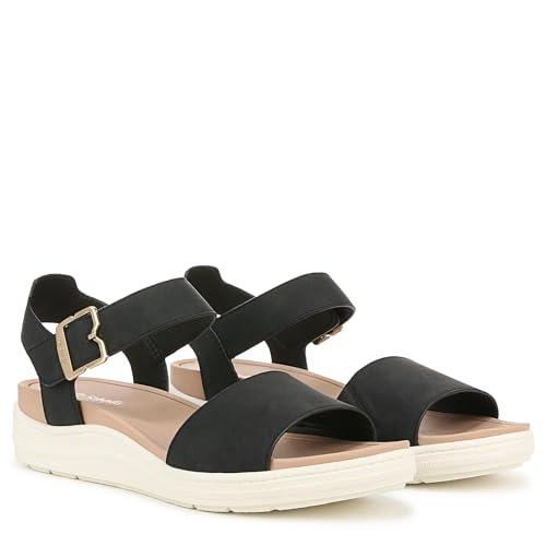 Pair of women's black strappy sandals with buckle detail and white cushioned outsole