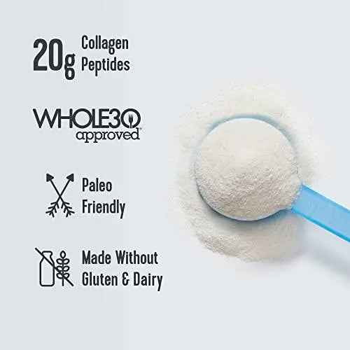 Collagen peptides powder with 20 g per serving and gluten & dairy free icons