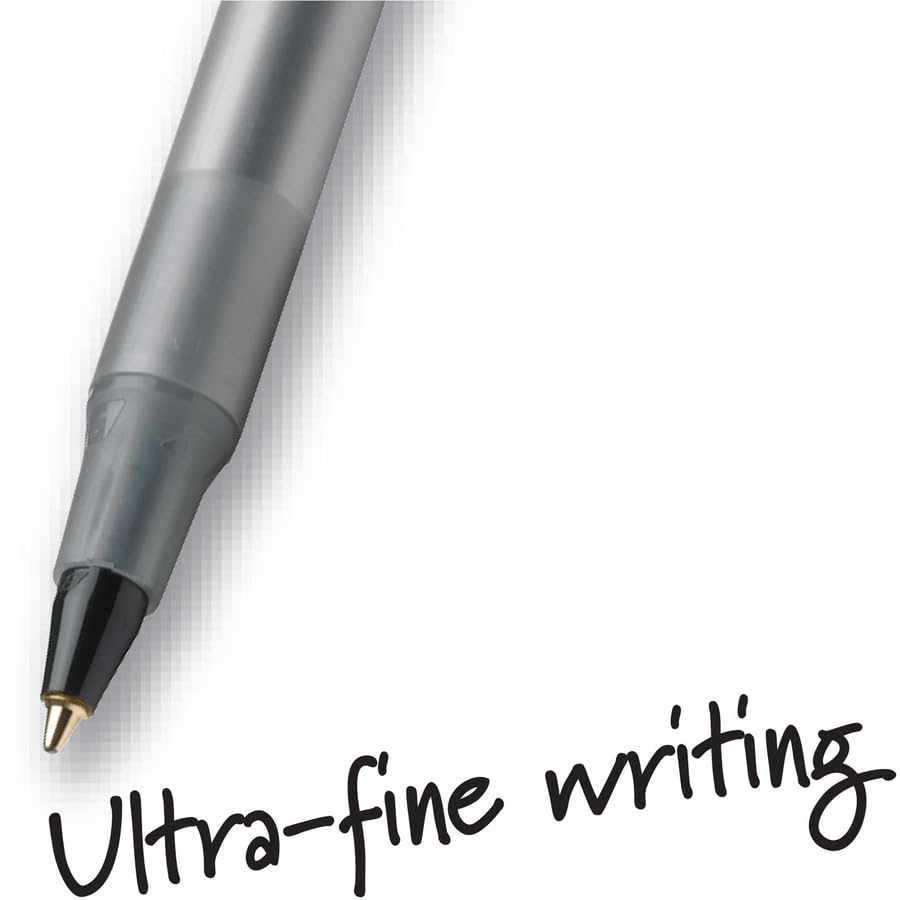 Close-up of black ballpoint pen with gold tip for smooth writing.