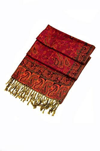 Red paisley pashmina shawl with ornate scroll pattern and gold fringe trim, folded