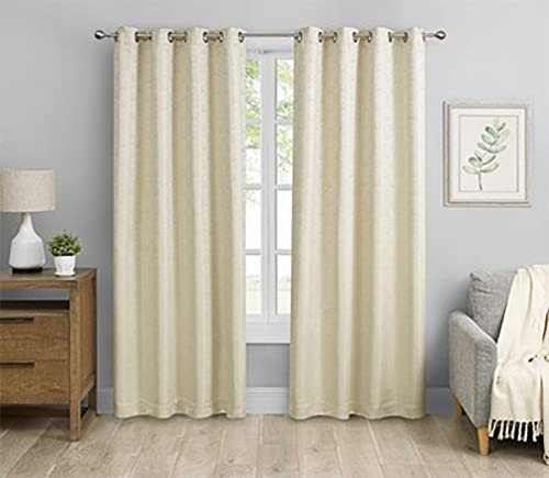 Champagne blackout window curtains, 2 grommet-top panels with textured vertical pattern.