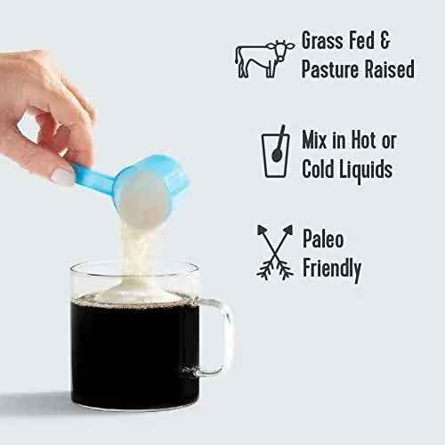 Collagen peptides powder being poured from a blue scoop into a mug