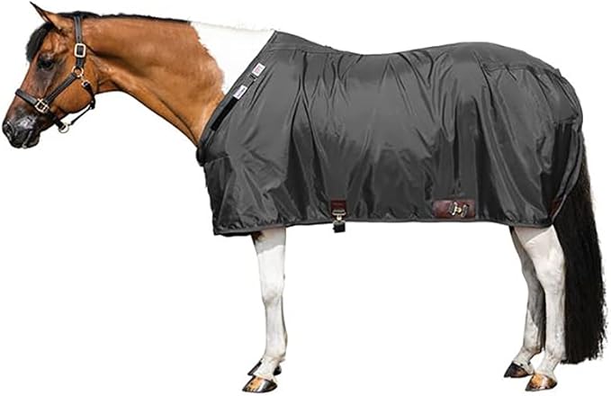 Dark gray horse stable sheet with front buckle and leg straps
