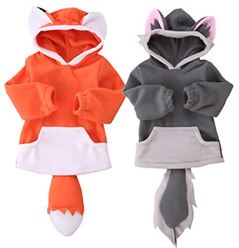 Orange and grey animal-ear hooded baby pullover hoodies with kangaroo pocket fronts