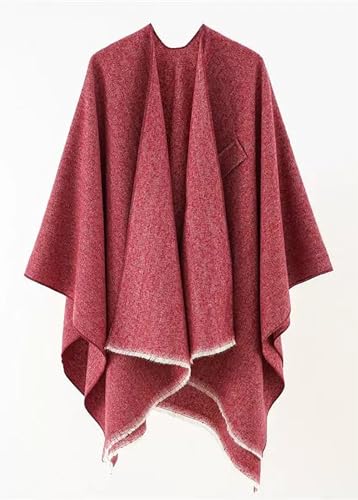Burgundy textured open-front fringe poncho with draped shoulders and stepped hem