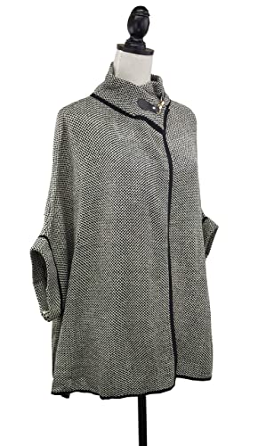 Grey speckled knit poncho cardigan with black piping and oversized cowl-like collar